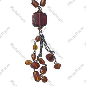 Amber and Brass tone necklace with wire wrapped Amber stones